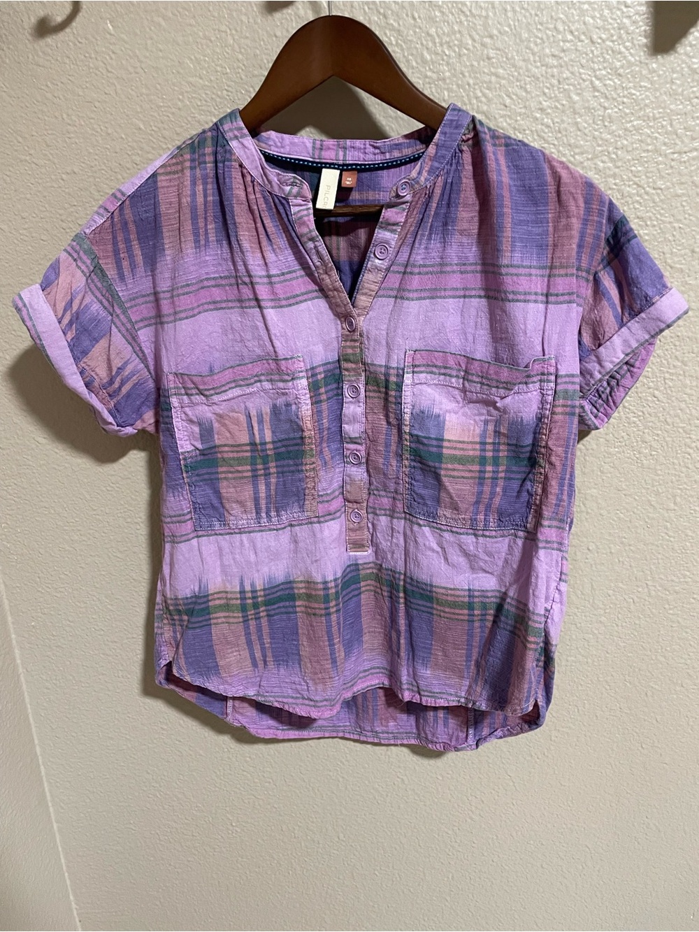 Pilcro Lavender Plaid Short-Sleeve Button Front Top